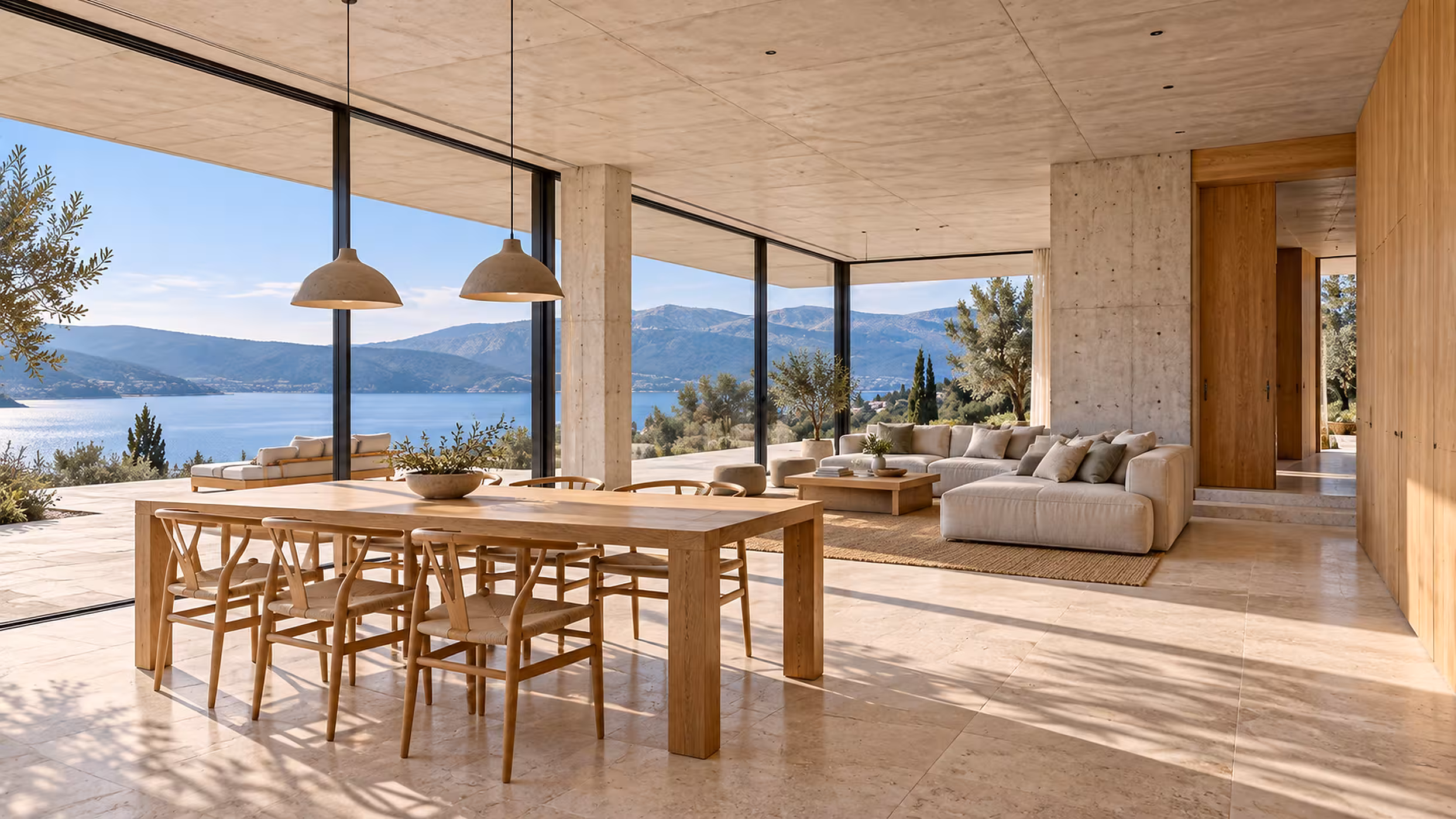 Heller Innenraum mit Holztisch und Blick auf den See