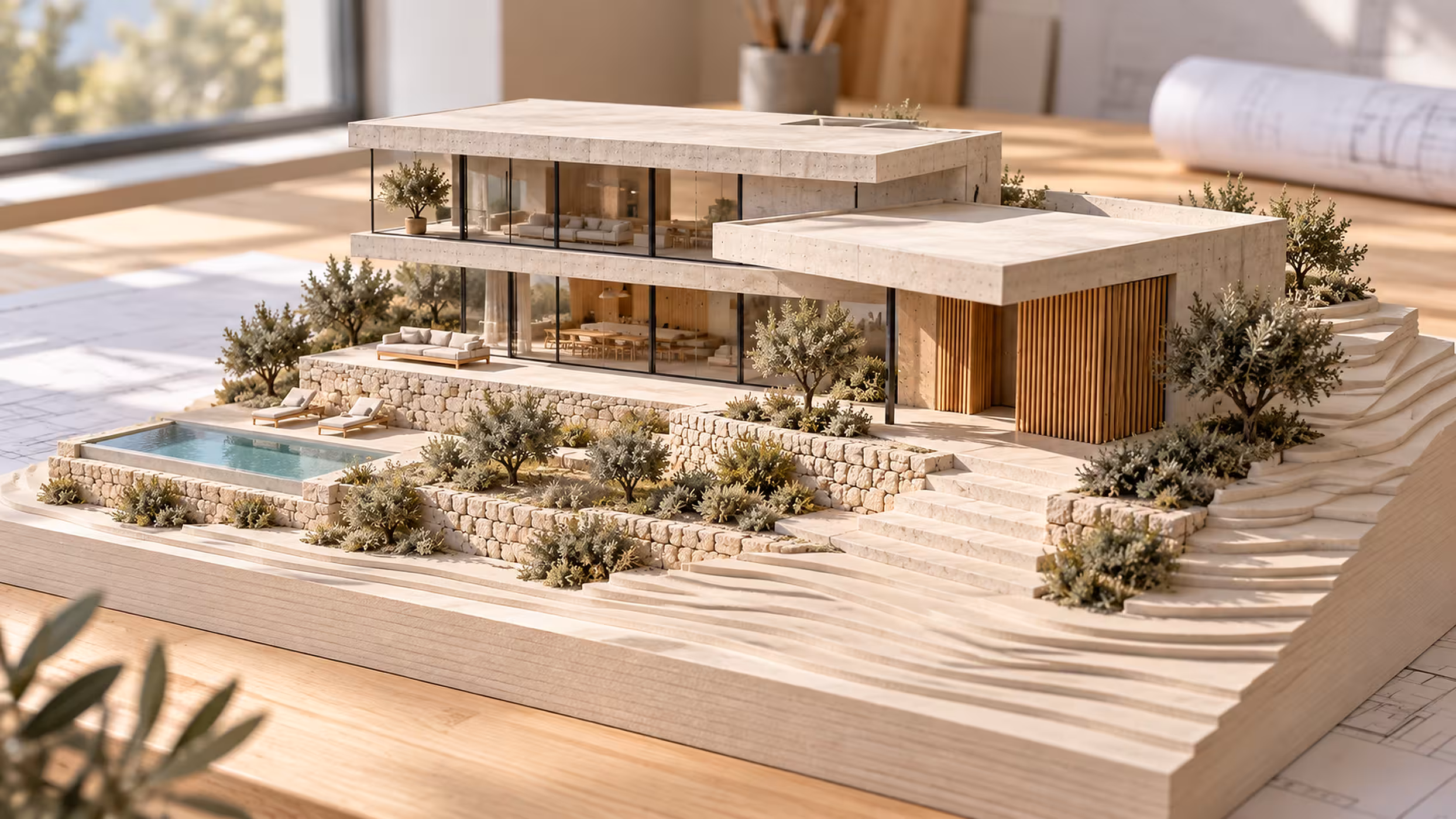 Architekturmodell eines modernen Hauses mit Gartenanlage